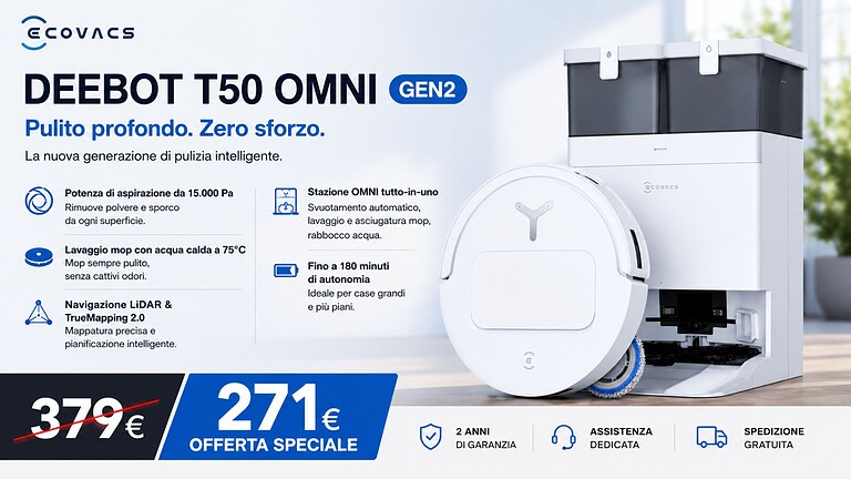 ECOVACS DEEBOT T50 OMNI al minimo storico su Amazon col Prime Day