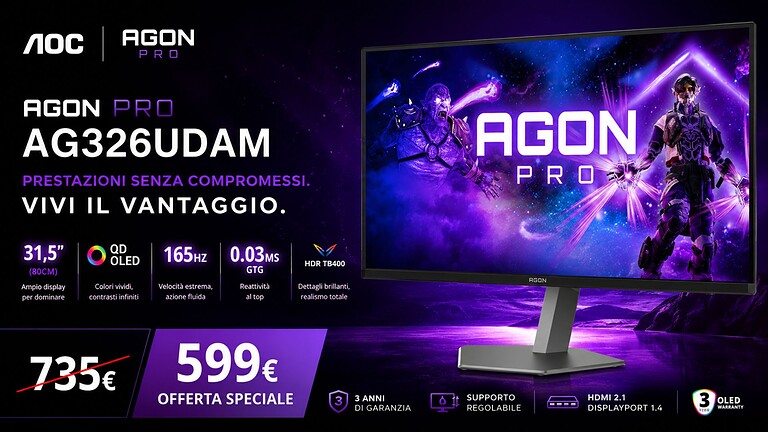 Monitor AOC AG326UDAM QD-OLED 4K in offerta su Amazon a 599 euro