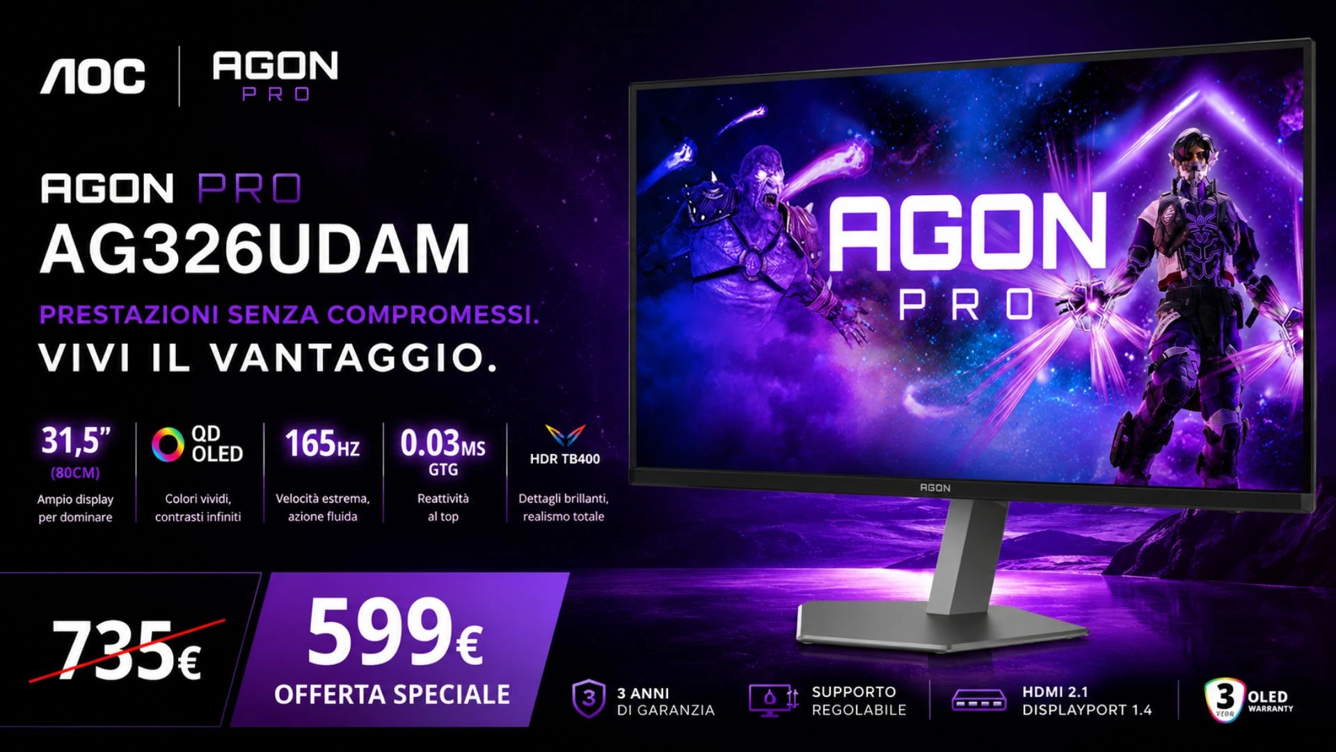 Monitor AOC AG326UDAM QD-OLED 4K in offerta su Amazon a 599 euro
