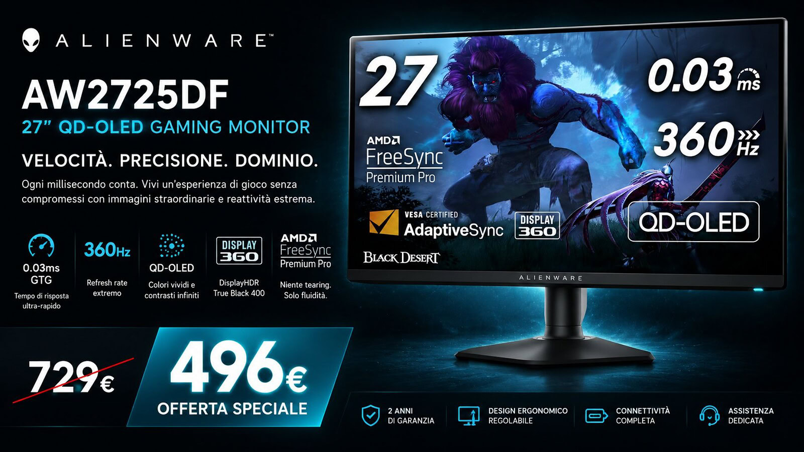 Alienware AW2725DF sotto i 500€: monitor QD-OLED 360Hz al 32% di sconto