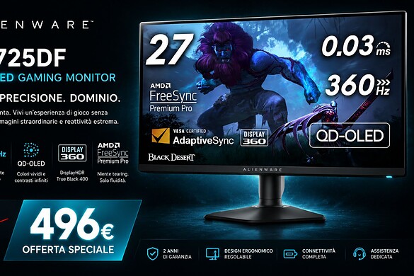 Alienware AW2725DF sotto i 500€: monitor QD-OLED 360Hz al 32% di sconto