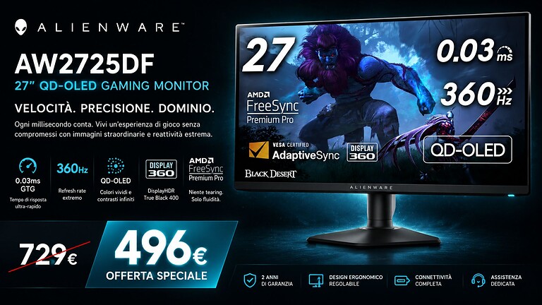Alienware AW2725DF sotto i 500€: monitor QD-OLED 360Hz al 32% di sconto