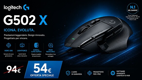 Logitech G G502 X in offerta su Amazon: mouse gaming a 54,98€