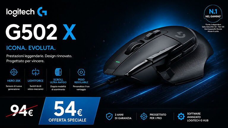 Logitech G G502 X in offerta su Amazon: mouse gaming a 54,98€