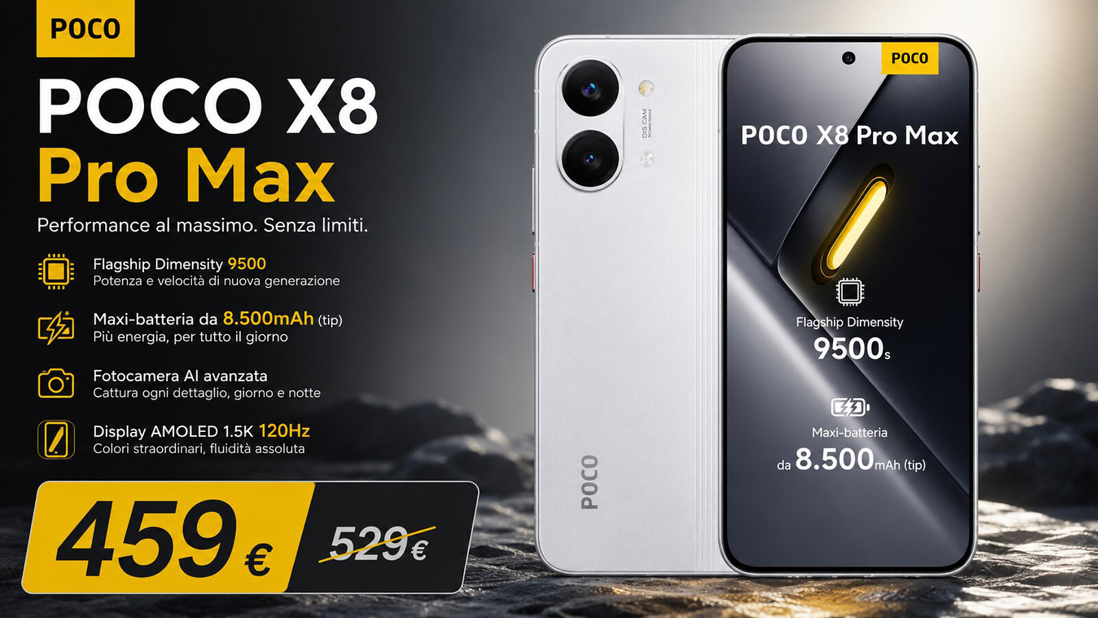 POCO X8 Pro Max in offerta: 8500 mAh e 100 W a 459 €