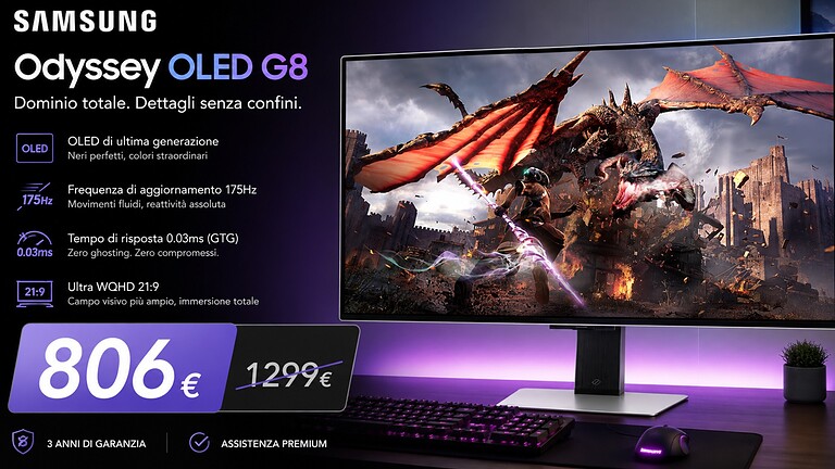 Samsung Odyssey OLED G8 in offerta: 4K, QD-OLED e 240Hz a 806€