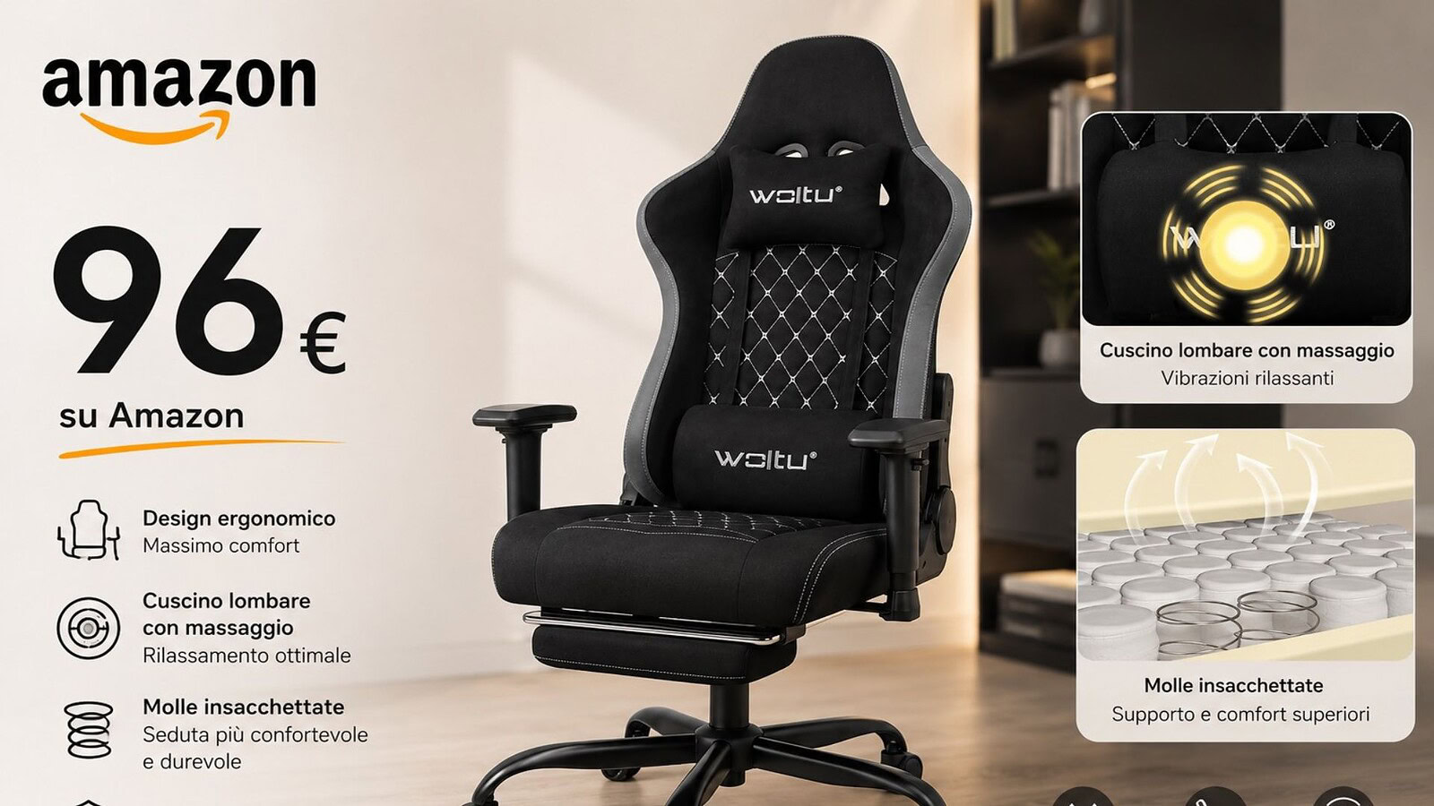 Sedia da gaming con massaggiatore al minimo storico: sconto del 37%