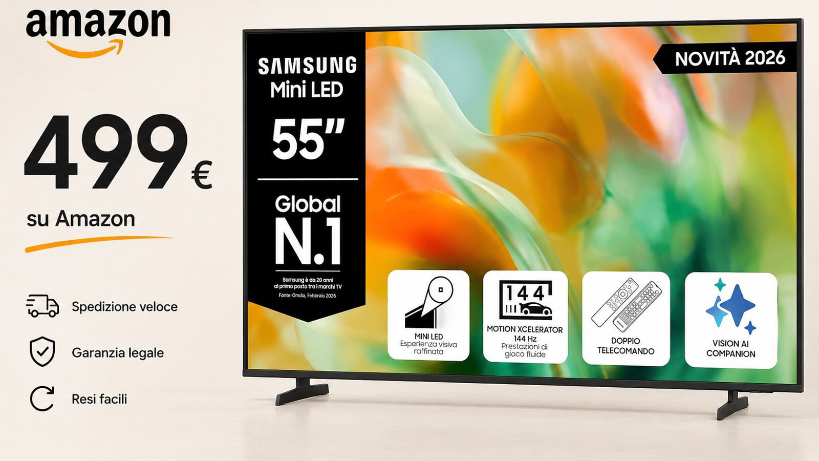 Samsung Mini LED 4K 2026 su Amazon al minimo storico: 200 euro di sconto