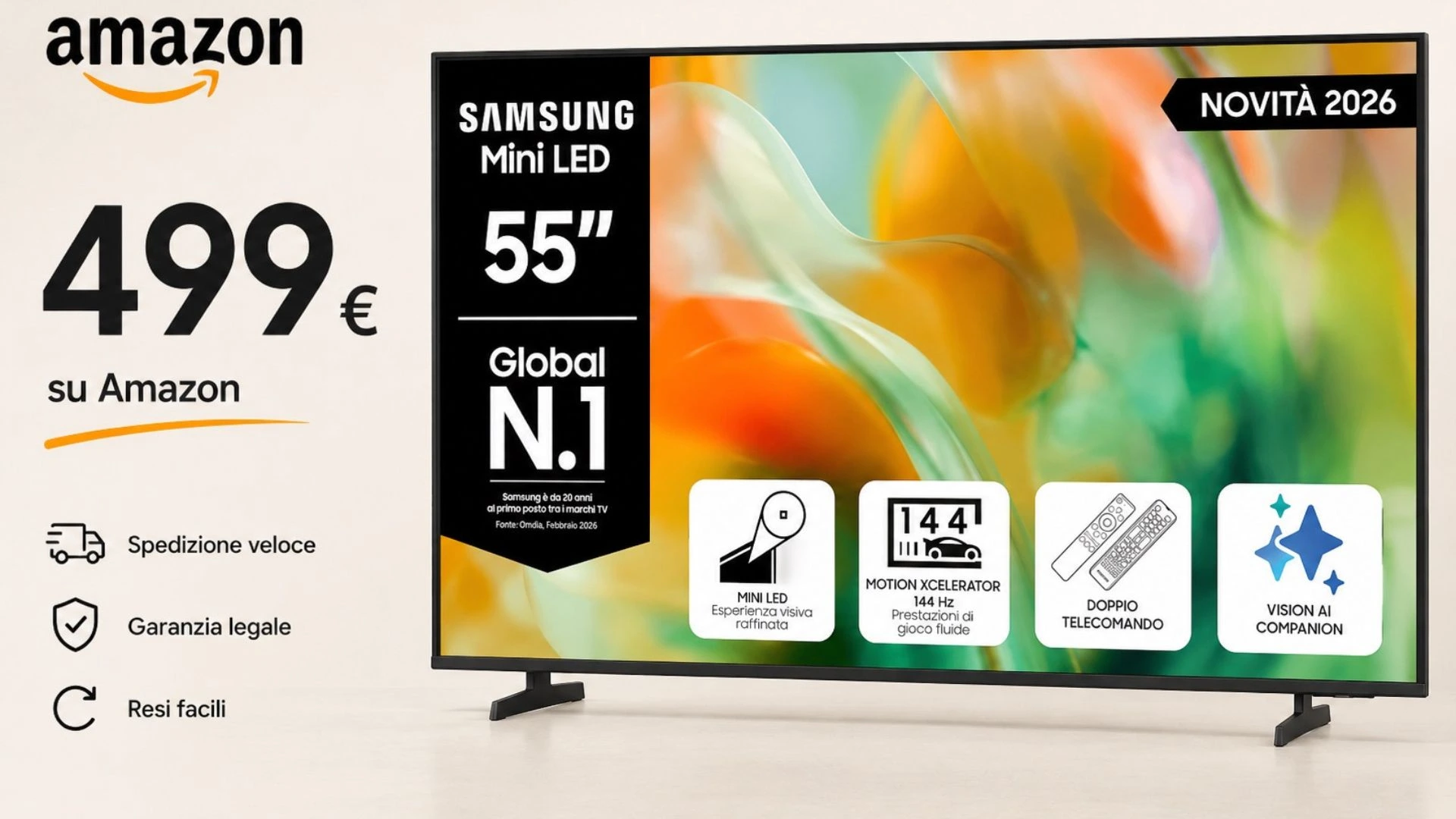 Samsung Mini LED 4K 2026 su Amazon al minimo storico: 200 euro di sconto