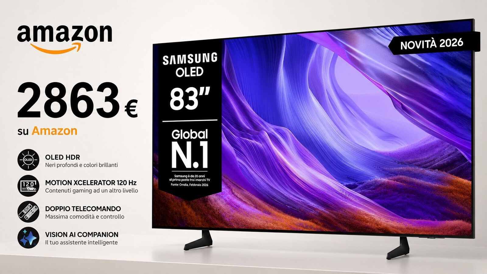 Samsung OLED 83 pollici del 2026 crolla di 1500 euro su Amazon