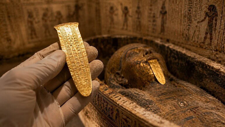 Lingue d'oro riemergono dalla sabbia in una necropoli egiziana