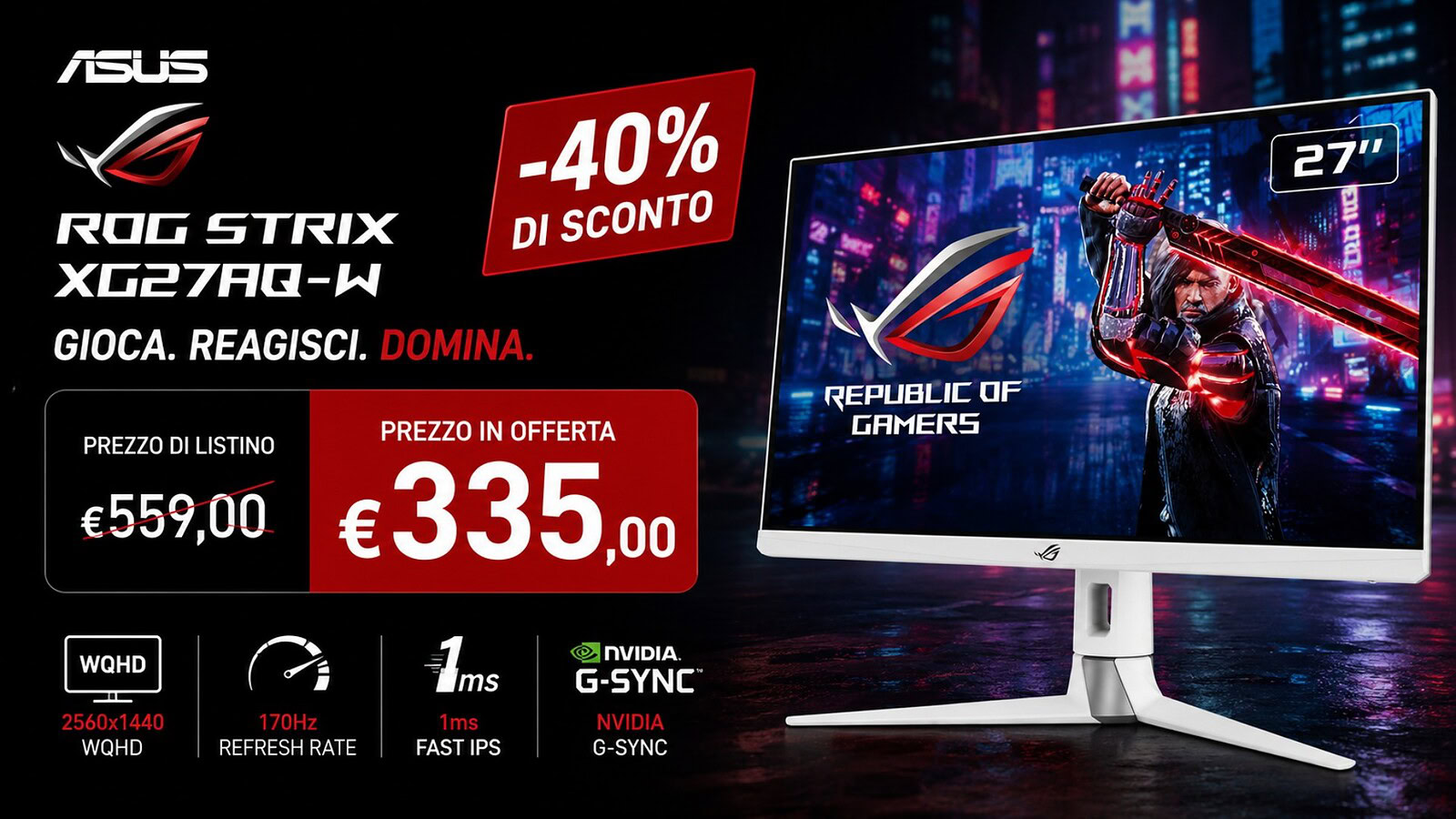 ASUS ROG Strix XG27AQ-W crolla a 335€ su Amazon con sconto del 44%