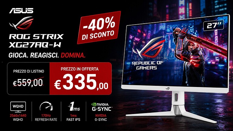 ASUS ROG Strix XG27AQ-W crolla a 335€ su Amazon con sconto del 44%