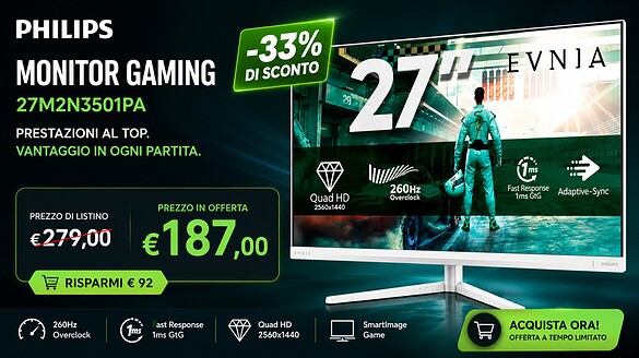 Philips 27M2N3501PA in offerta: monitor gaming WQHD 260 Hz a 187€