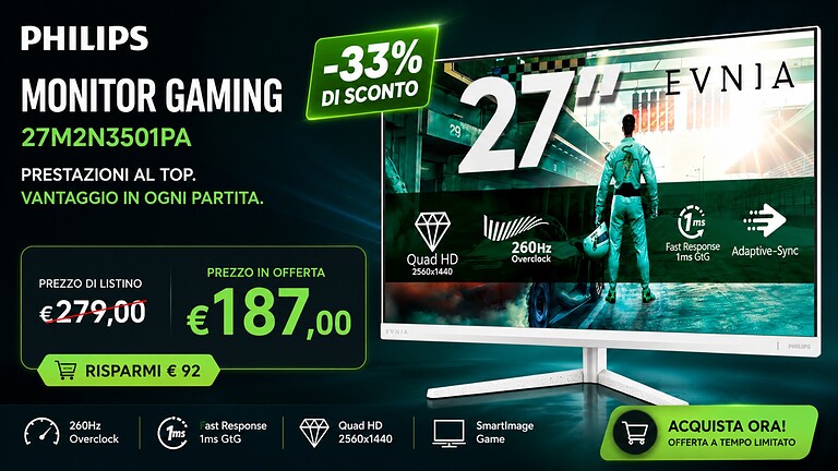 Philips 27M2N3501PA in offerta: monitor gaming WQHD 260 Hz a 187€