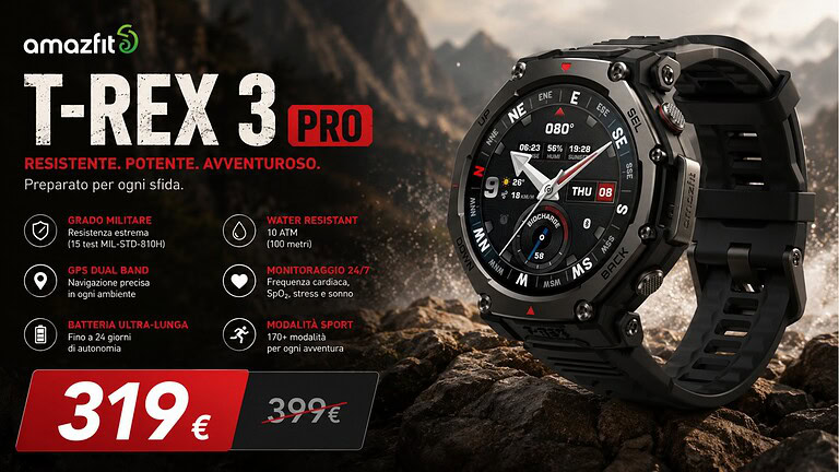 Amazfit T-Rex 3 Pro crolla del 20% su Amazon: prezzo e specifiche