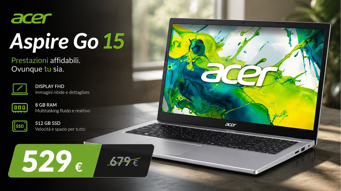 Acer Aspire Go 15 in offerta su Amazon a 529€: sconto di 150€