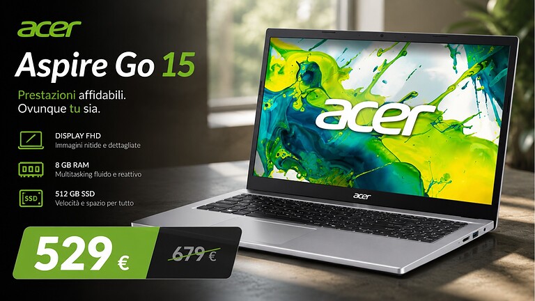 Acer Aspire Go 15 in offerta su Amazon a 529€: sconto di 150€