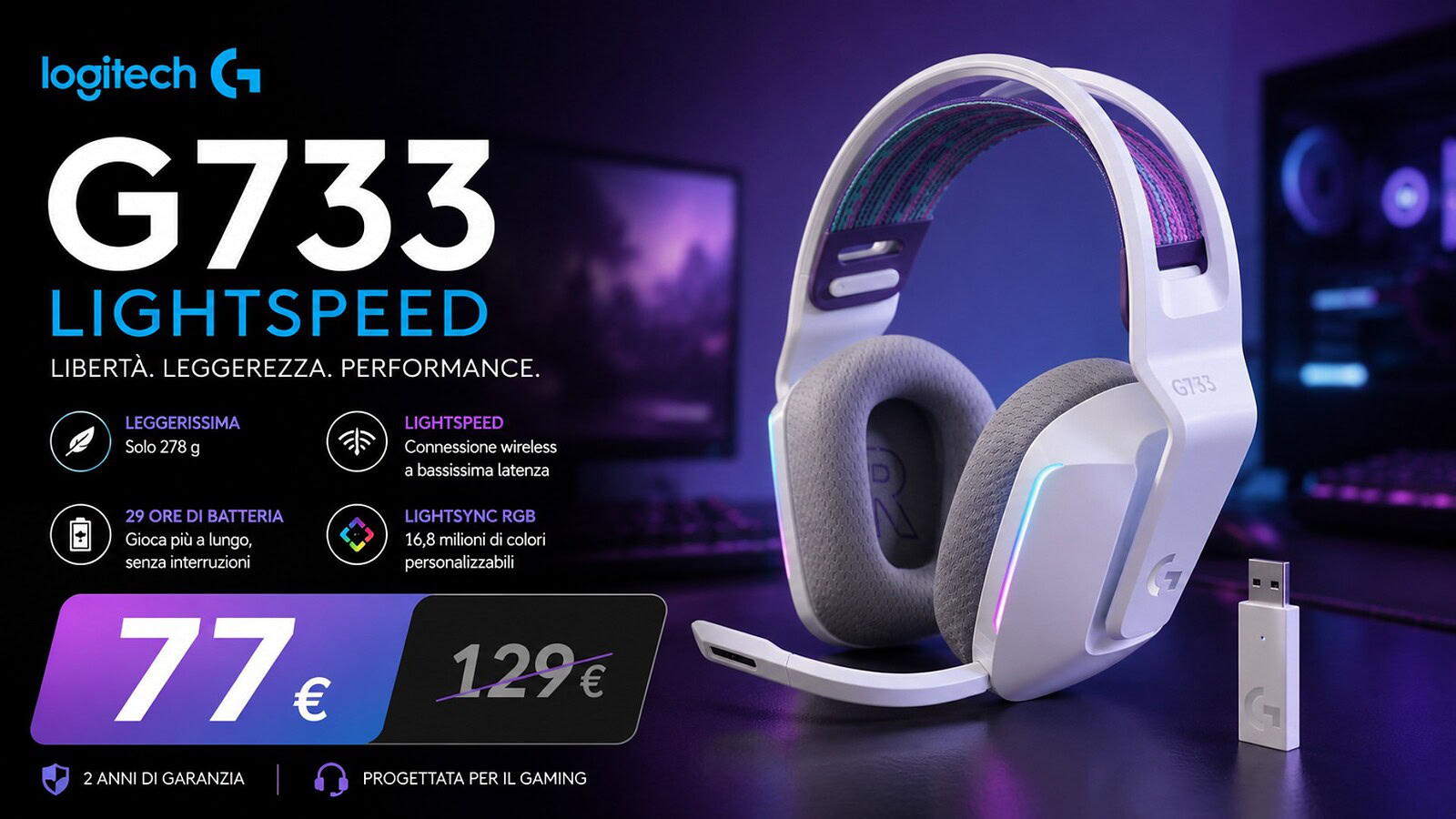 Logitech G733 LIGHTSPEED in offerta a 77,77€ su Amazon