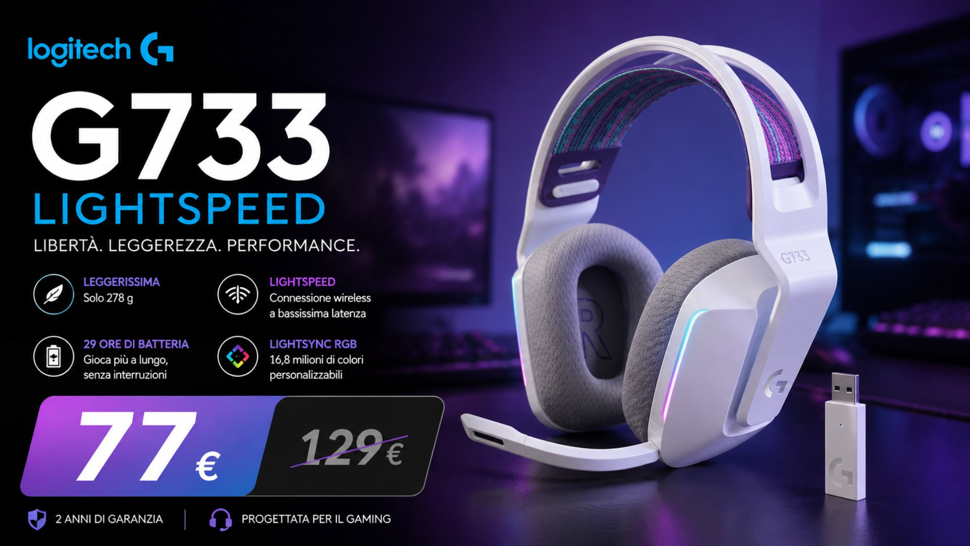 Logitech G733 LIGHTSPEED in offerta a 77,77€ su Amazon