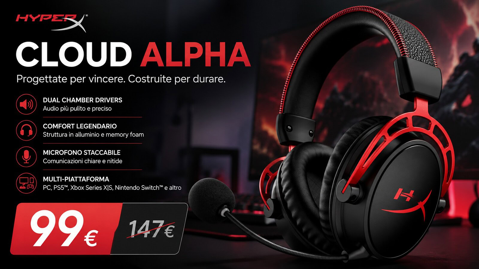 HyperX Cloud Alpha Wireless sotto i 100€: 300 ore di autonomia al minimo storico