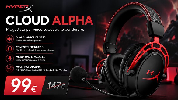 HyperX Cloud Alpha Wireless sotto i 100€: 300 ore di autonomia al minimo storico
