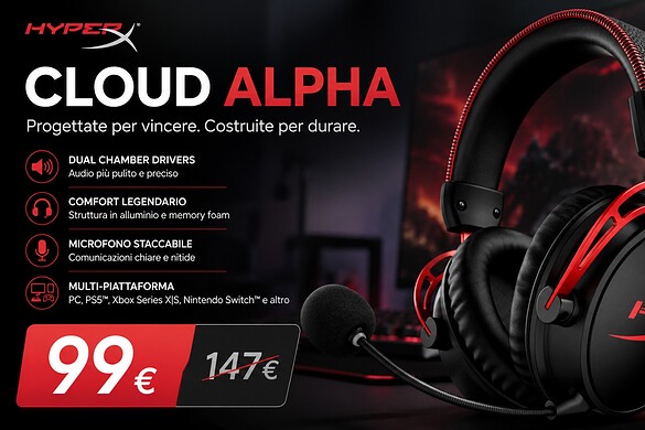 HyperX Cloud Alpha Wireless sotto i 100€: 300 ore di autonomia al minimo storico