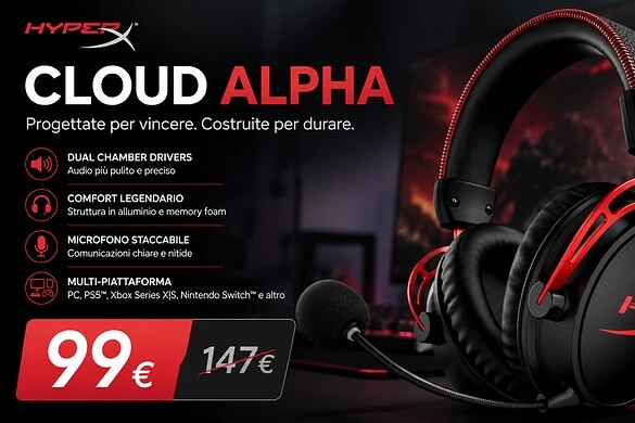 HyperX Cloud Alpha Wireless sotto i 100€: 300 ore di autonomia al minimo storico