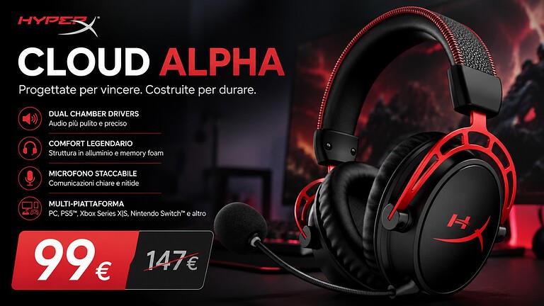 HyperX Cloud Alpha Wireless sotto i 100€: 300 ore di autonomia al minimo storico