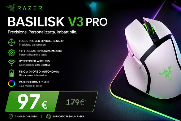 Razer Basilisk V3 Pro crolla a 97€ su Amazon: sconto del 46% col sensore 30K