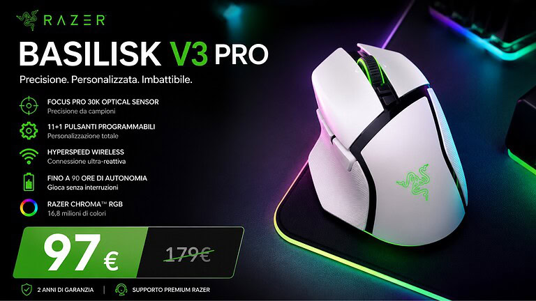 Razer Basilisk V3 Pro crolla a 97€ su Amazon: sconto del 46% col sensore 30K