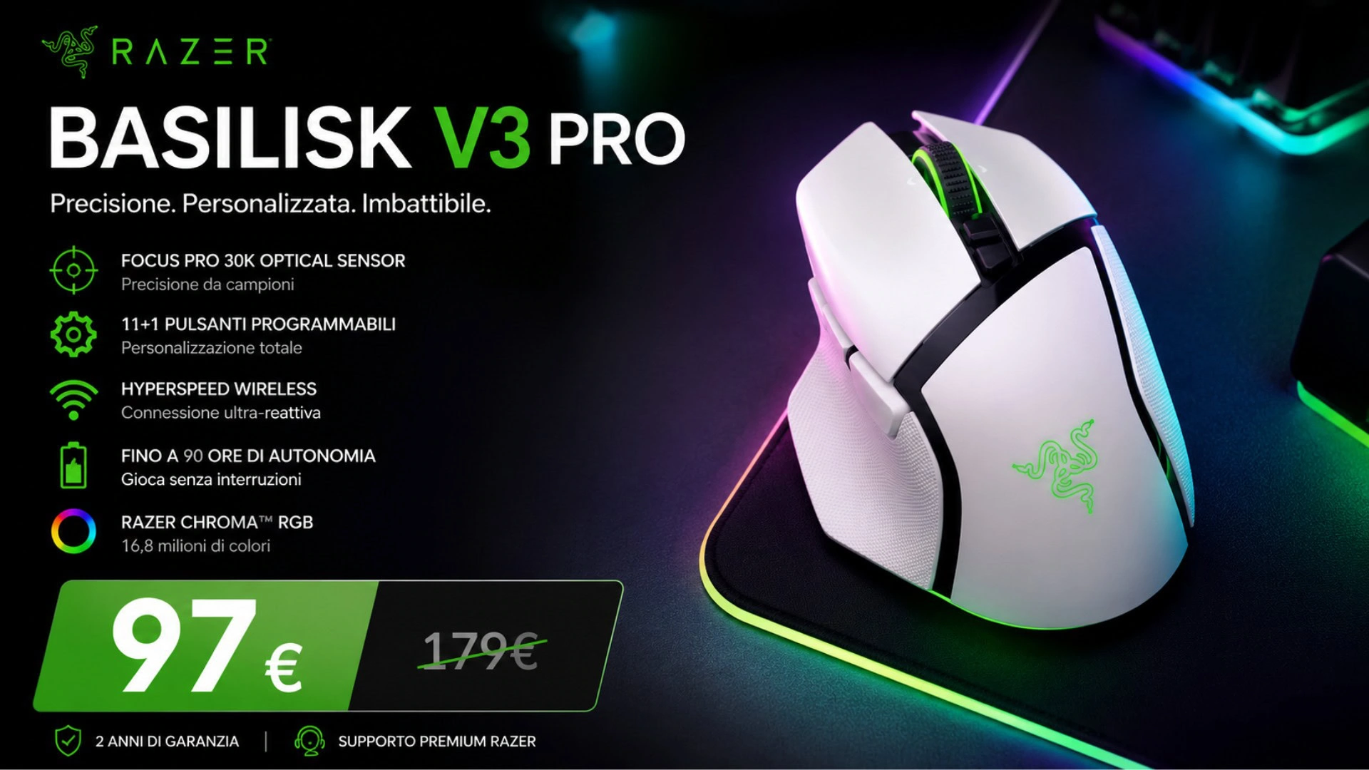 Razer Basilisk V3 Pro crolla a 97€ su Amazon: sconto del 46% col sensore 30K