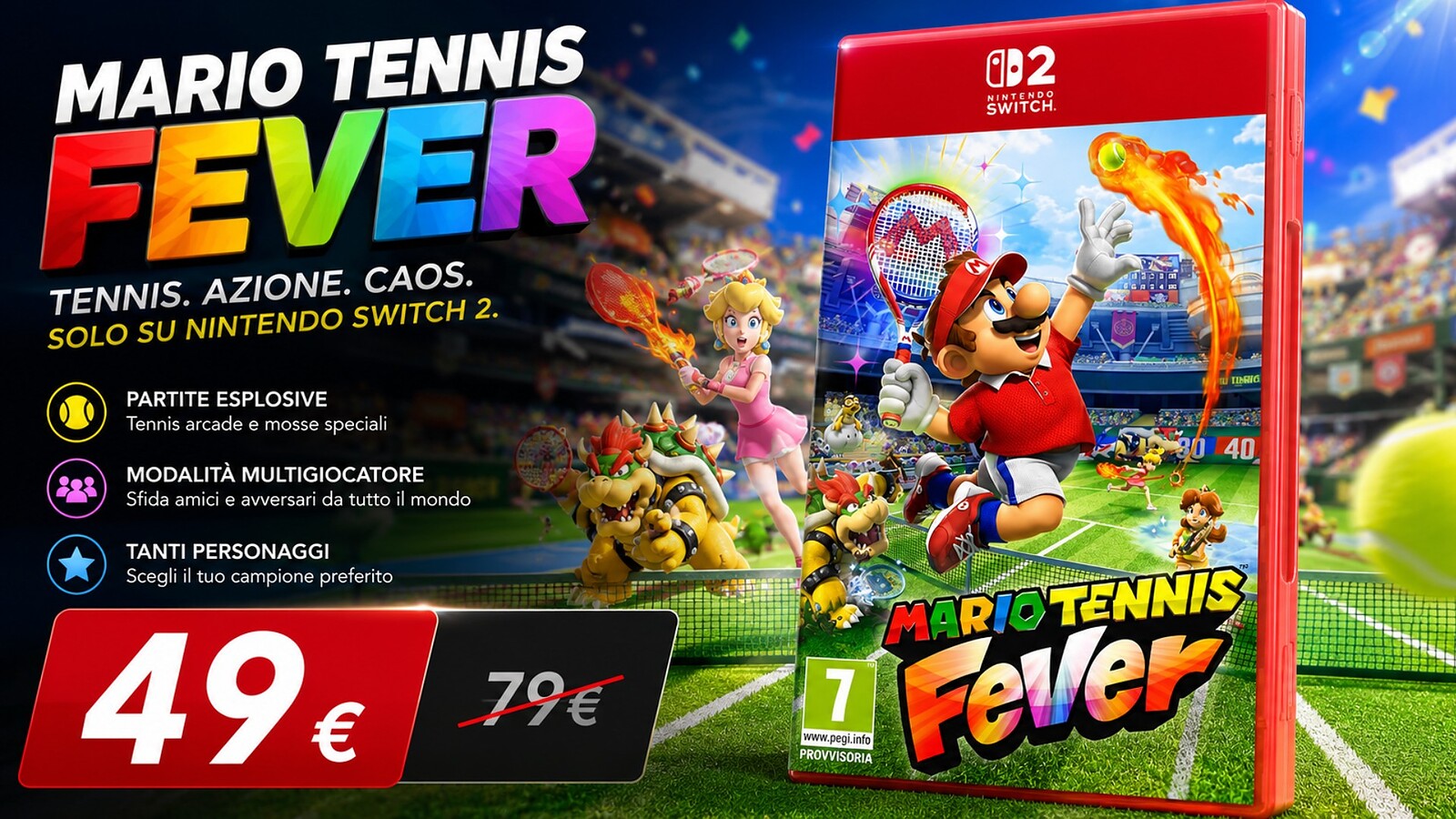 Mario Tennis Fever per Switch 2 a 49,49€ su Amazon: minimo storico