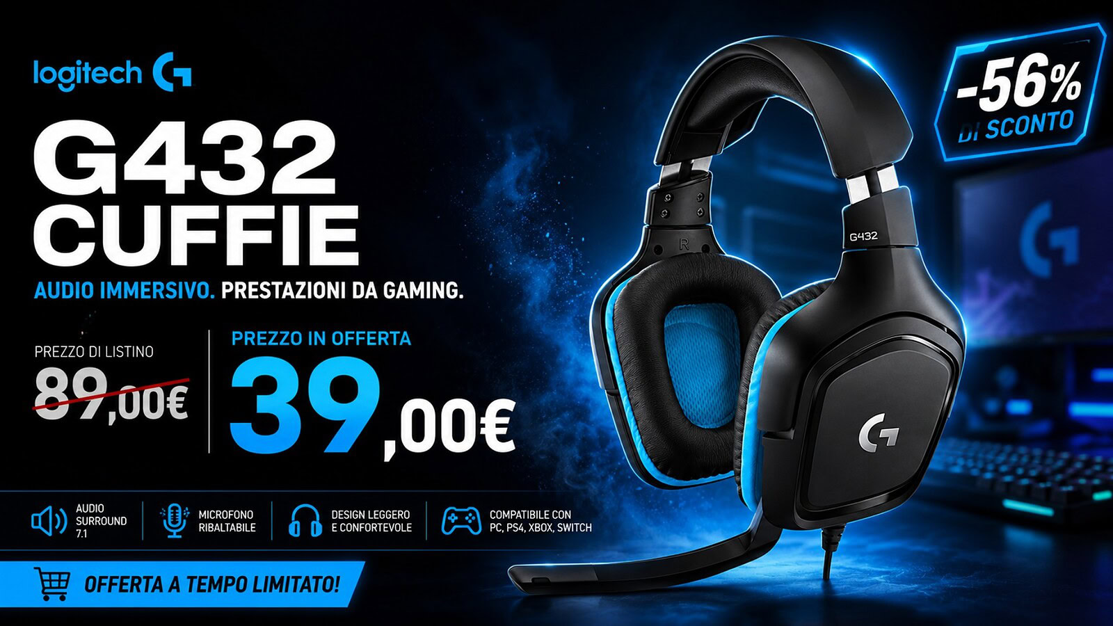 Logitech G432 in offerta su Amazon: cuffie gaming 7.1 al 56% in meno