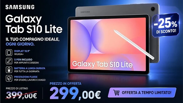 Samsung Galaxy Tab S10 Lite in offerta a 299€ su Amazon con S-Pen inclusa