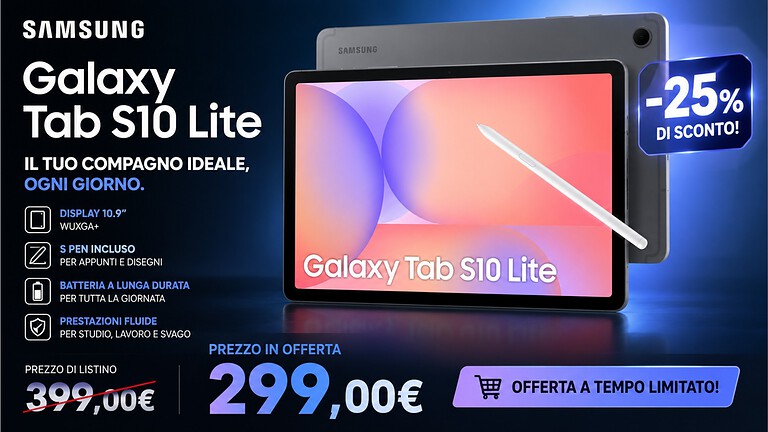 Samsung Galaxy Tab S10 Lite in offerta a 299€ su Amazon con S-Pen inclusa