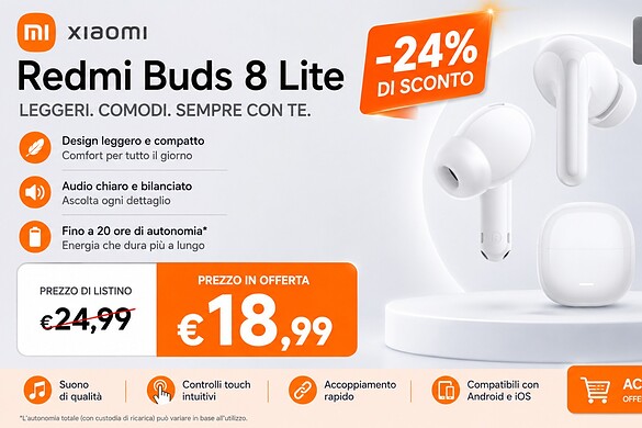 Redmi Buds 8 Lite in offerta a 18,99€: ANC e prezzo mini su Amazon