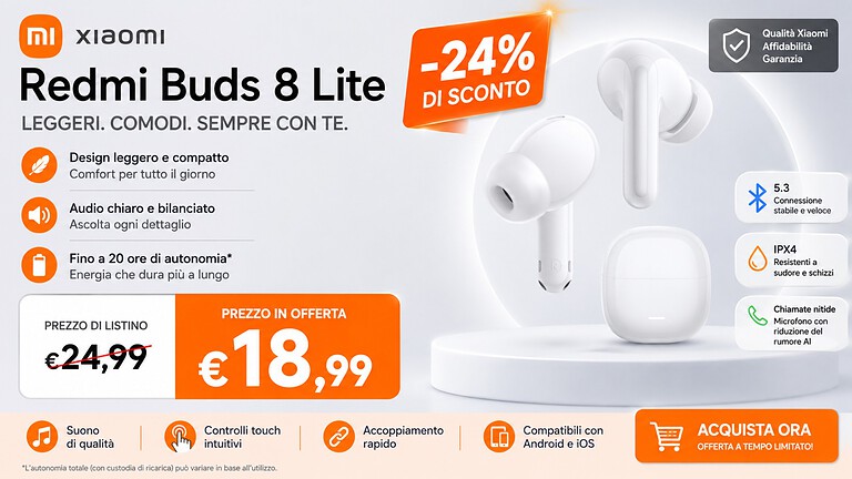 Redmi Buds 8 Lite in offerta a 18,99€: ANC e prezzo mini su Amazon