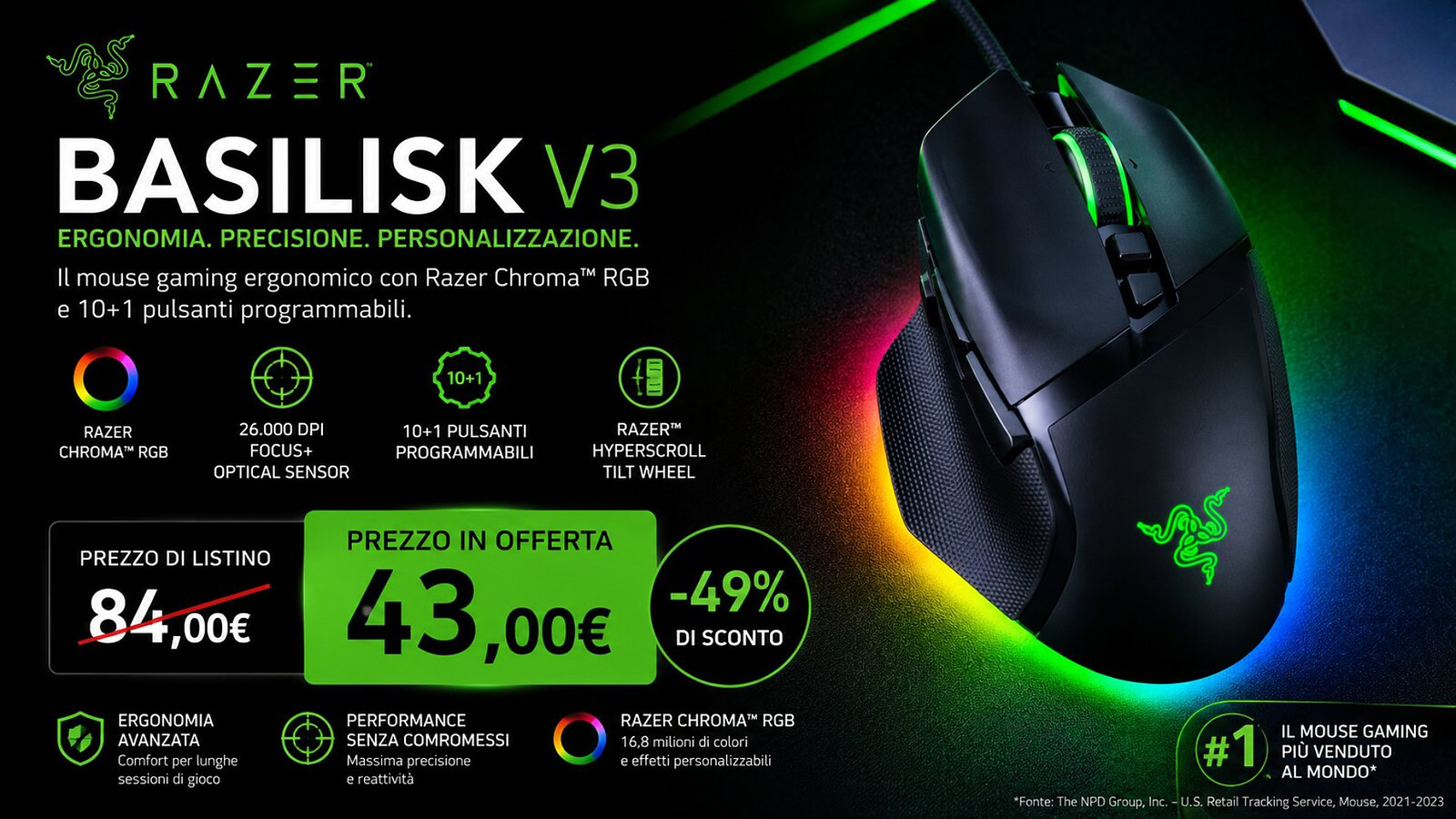 Razer Basilisk V3 in offerta su Amazon a 43,31€ con 49% di sconto