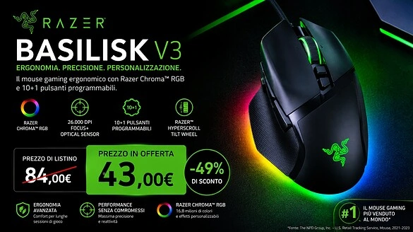 Razer Basilisk V3 in offerta su Amazon a 43,31€ con 49% di sconto