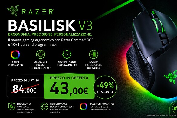 Razer Basilisk V3 in offerta su Amazon a 43,31€ con 49% di sconto