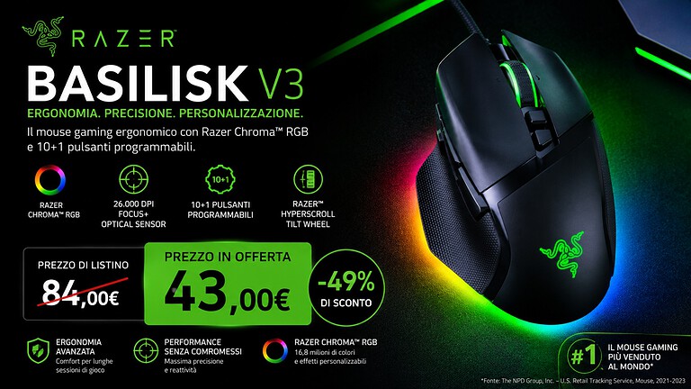 Razer Basilisk V3 in offerta su Amazon a 43,31€ con 49% di sconto