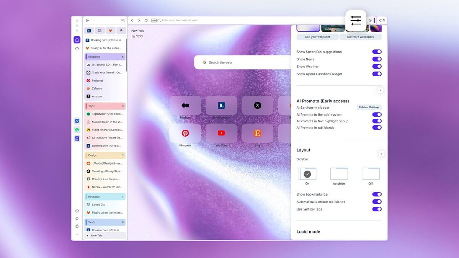 Opera One introduce le schede verticali e migliora Google Lens