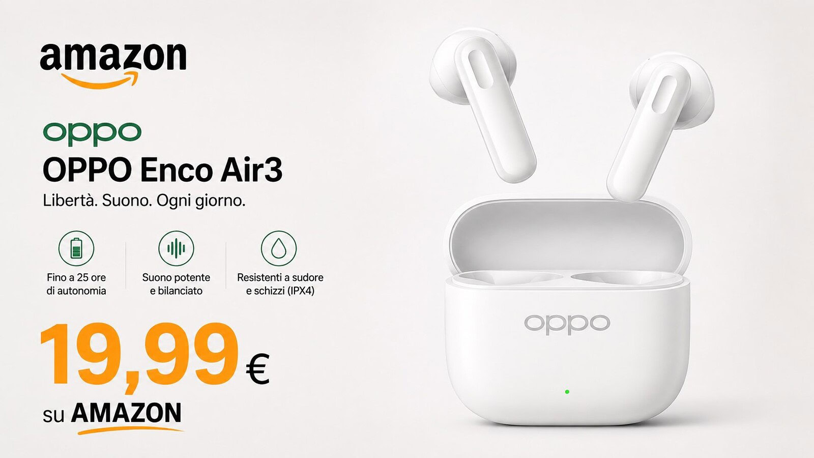 OPPO Enco Buds3 al minimo storico su Amazon a 19,99 euro