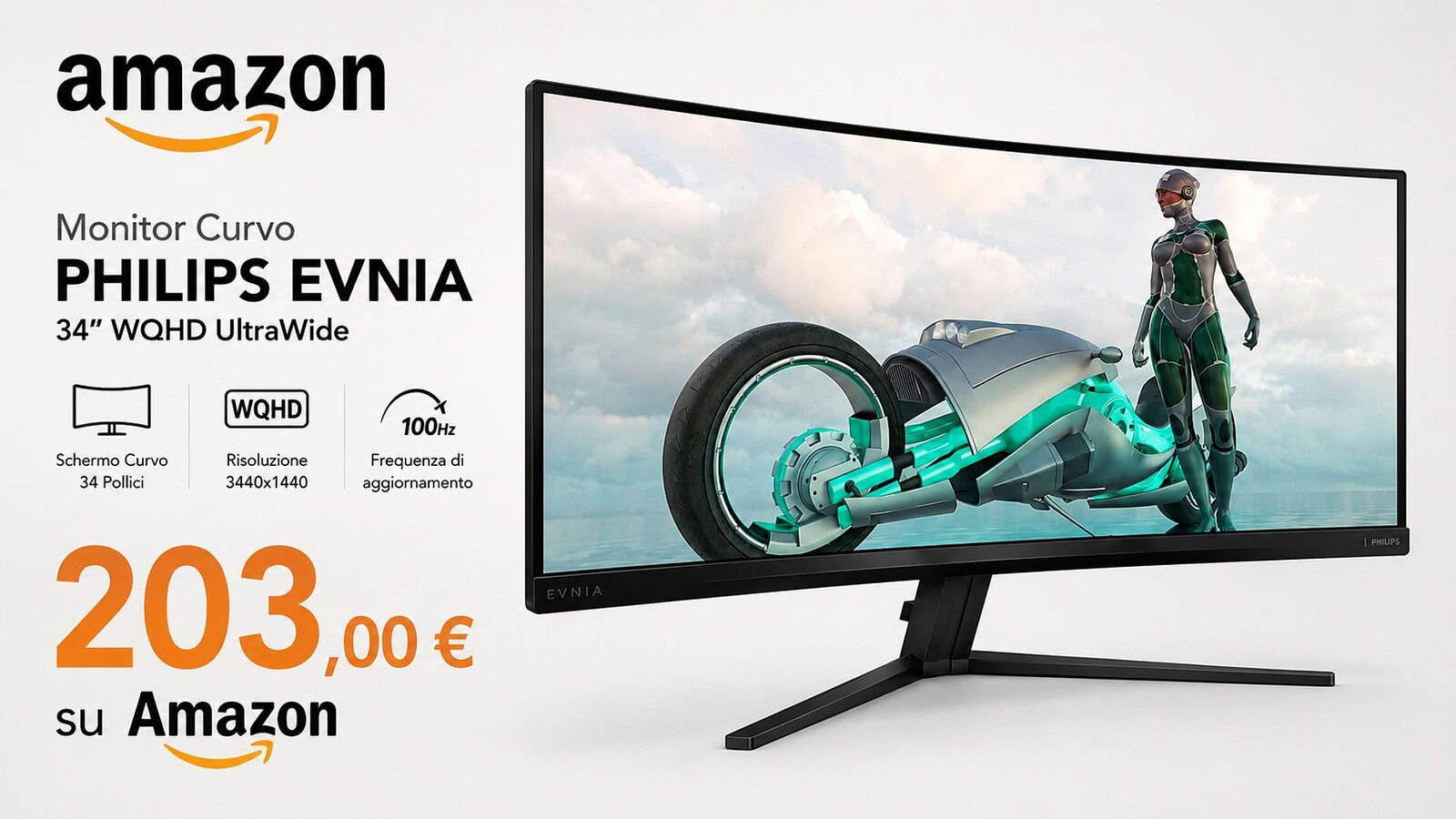 Monitor Philips curvo 34 pollici a 203 euro: minimo storico Amazon