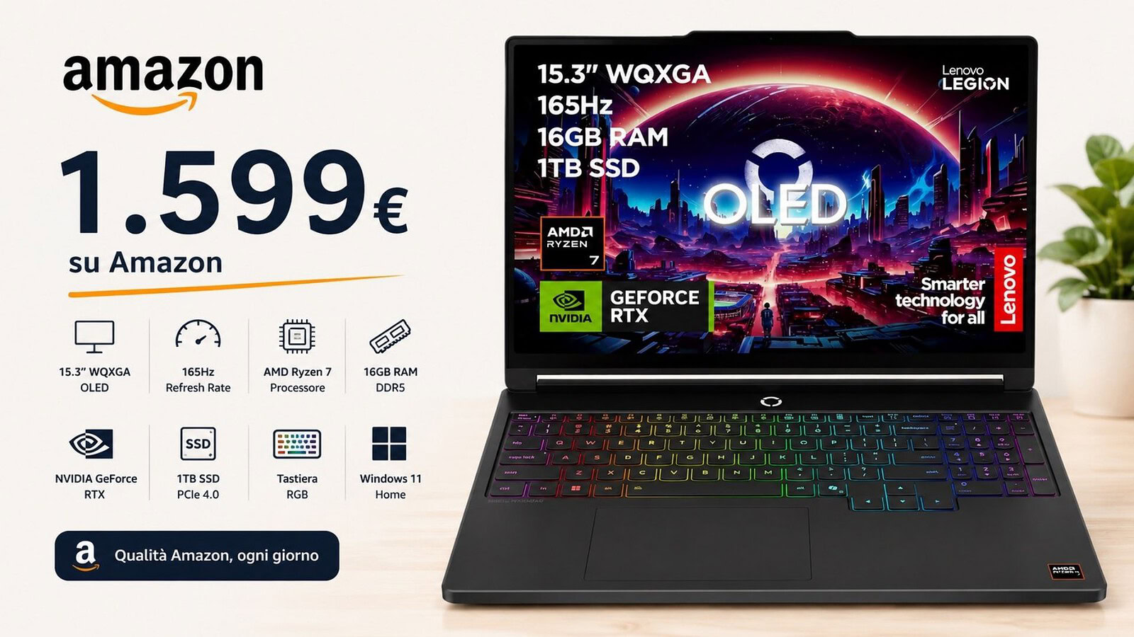 Lenovo Legion 5 con RTX 5060 e OLED in sconto di 300 euro su Amazon