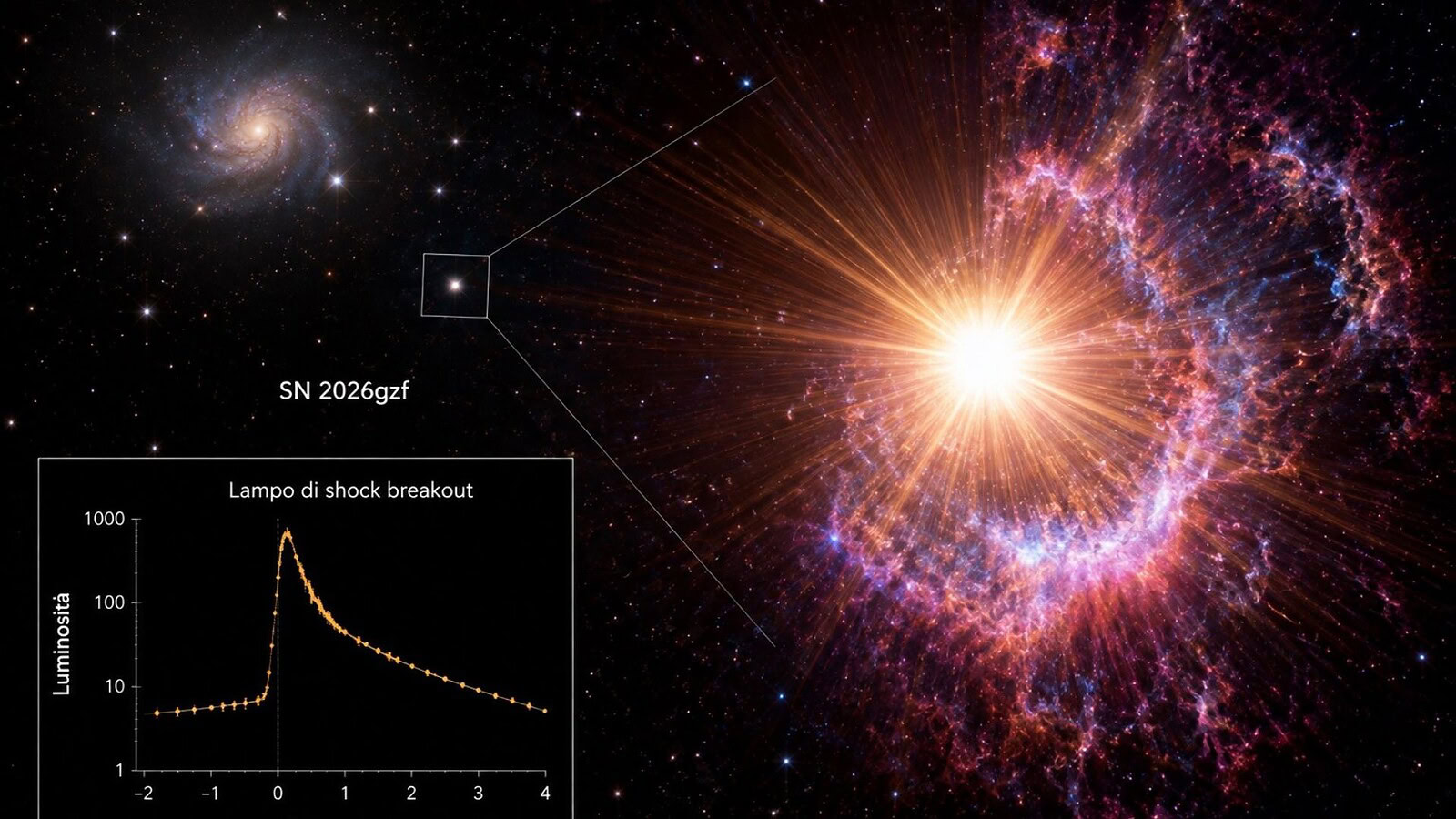 Supernova SN 2026gzf, catturato il raro lampo dello shock breakout