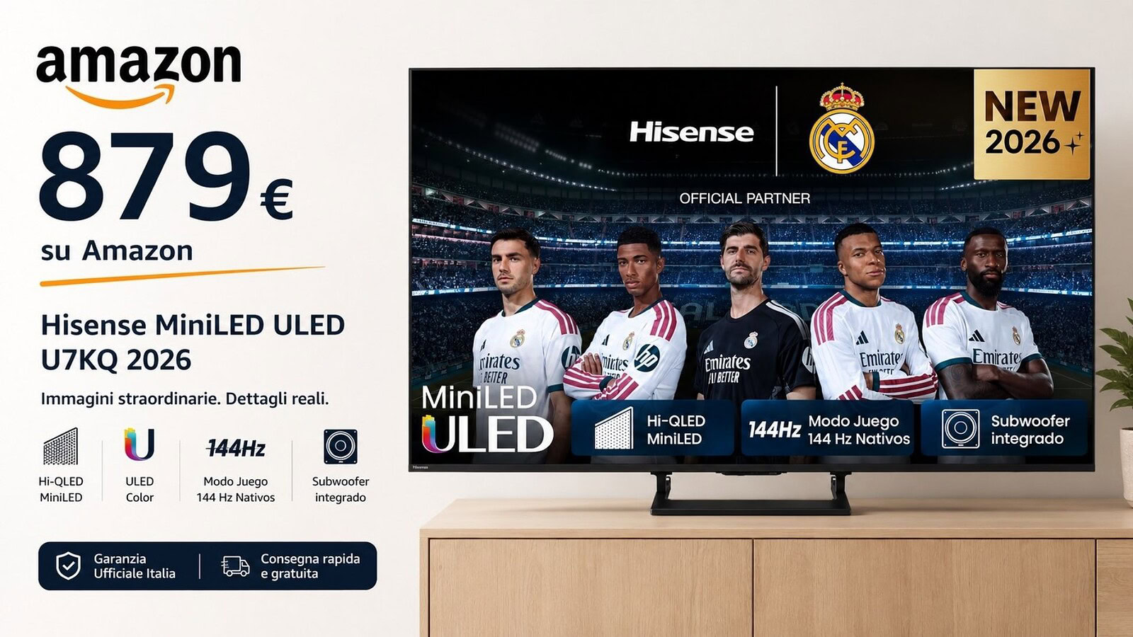 Smart TV Hisense 75U7SE, il MiniLED da 75 pollici crolla a 876 euro su Amazon