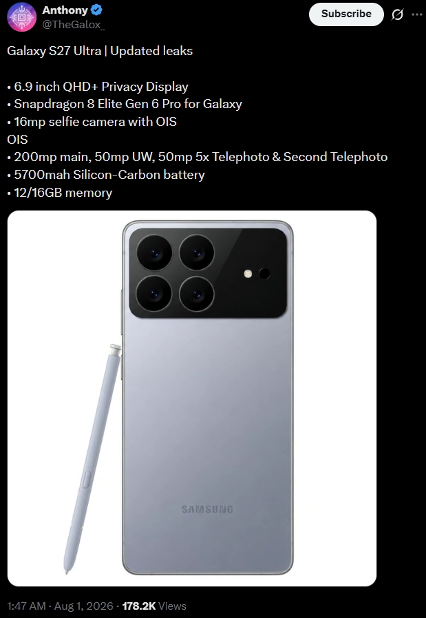 Galaxy S27 Ultra Galaxy S27 Ultra render