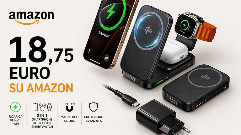 INIU 3 in 1 Qi2: sconto del 50% su Amazon per l'ecosistema Apple